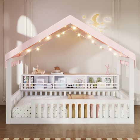 Lit au sol enfant 90x200 cm, lit à baldaquin avec guirlande LED, bibliothèque et barrière de sécurité, structure en Bois, blanc (1/5)