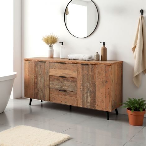 URBAN MEUBLE Meuble de salle de bain effet bois vieilli avec étagères réglables, 2 portes, 3 tiroirs 140x35x70 cm (1/5)