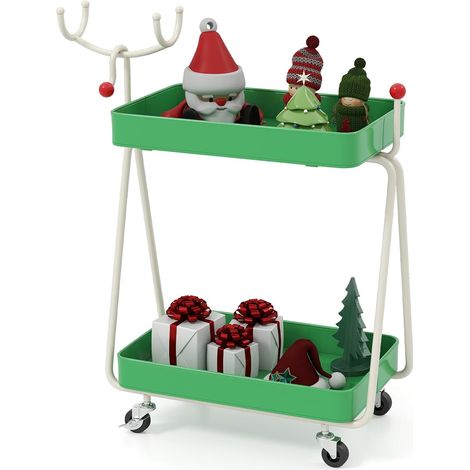 COSTWAY Carrello Portaoggetti con Ruote, Carrello Natalizio a 2 Ripiani con Ganci Superiori e Struttura in Metallo, Scaffale Decorativo di Renne, per Cucina, Soggiorno e Bagno, 55,5 x 28,5 x 66,5 cm (1/5)