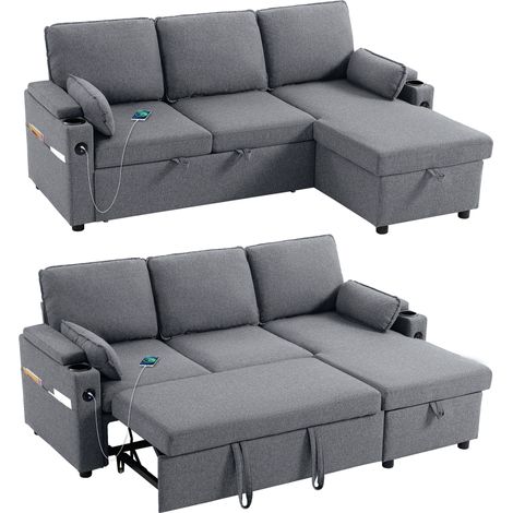 HOMCOM Corner Sofa Bed, L Shaped Sofa with Storage Chaise, USB Ports, Grey