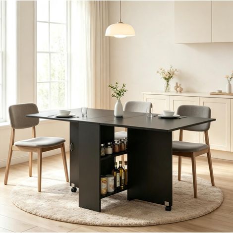 Tavolo da pranzo allungabile e pieghevole 75x140x74 cm, con rotelle, vano portaoggetti discreto, nero (1/5)