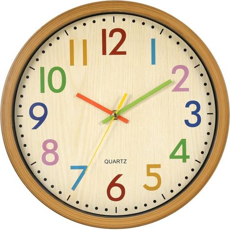 Horloge murale pour enfants, horloge murale pour enfants de 12,5 pouces / 32 cm avec horloge silencieuse et chiffres colorés, sans tic-tac, facile à lire, accessoires et décoration pou