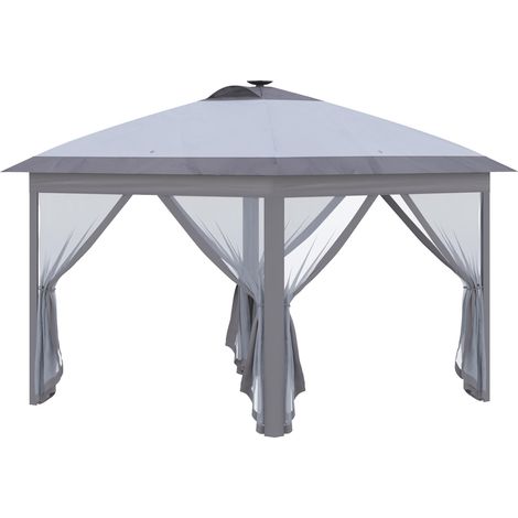 Tonnelle pliante de 3,3 x 3,3 m avec éclairage LED et USB, montage instantané, panneaux latéraux en filet, protection solaire, toile Oxford grise, idéale pour les garden-parties