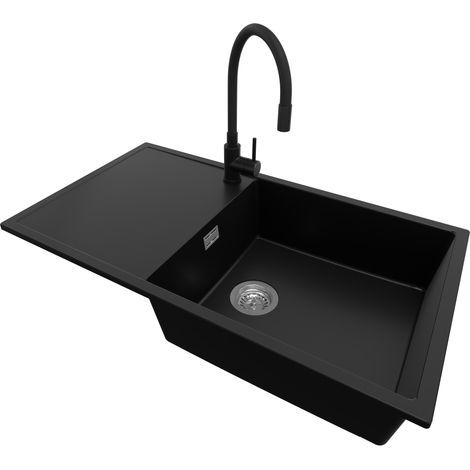 PRIMAGRAN Evier Cuisine en Granit 90x50cm, Lavabo 1 bac + Robinet 40x38cm + Kit de Vidage, Évier à Encastrer au meuble 60cm - Ibiza, Noir