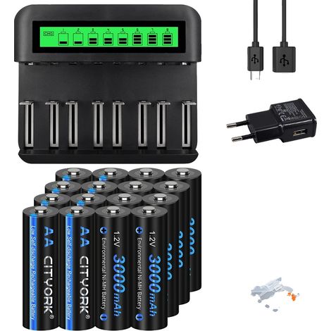 Batteries Rechargeables, NiMH, Chargeur Inclus, 16AA et chargeur (1/2)