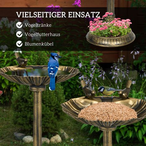 Bain d'oiseaux antique avec 2 vasques, résine aspect vieilli bronze, 49,5 x 38 x 81 cm, bassin décoratif jardin (1/4)