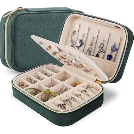 Boîte à bijoux de voyage en velours, mini étui à bijoux de voyage, petit organisateur de bijoux de voyage portable pour femmes et filles (vert) (1/5)