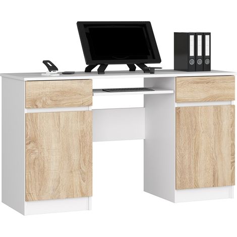 PC-Schreibtisch AKORD A5 in der Farbe Weiß mit 2 Schubladen Front Sonoma-Eiche und 5 Ablagen B135 x H77 x T50 cm (1/5)