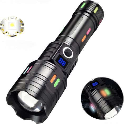 Linterna LED M1, potente linterna recargable con 4 modos y zoom, 【Lente de 3 colores】 Mini linterna a batería para camping, senderismo y emergencias, color negro [Clase energética A+++]