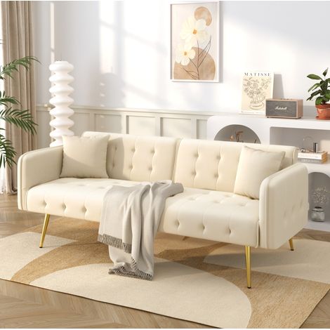 Canapé convertible 2 places 178x82x70 cm en bois et velours beige, modulable pour salon FloraGrace (1/5)