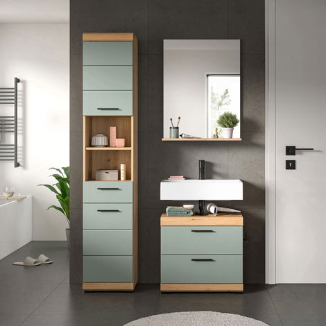 Ensemble 2 meubles salle de bain avec miroir chêne brun et kaki - OLBO