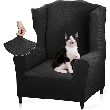 Housse de Fauteuil Élastique avec Oreilles, 1 Pièce Jacquard Protecteur de Canapé Appui-Tête Housse de Canapé Fauteuil ,Noir (1/4)