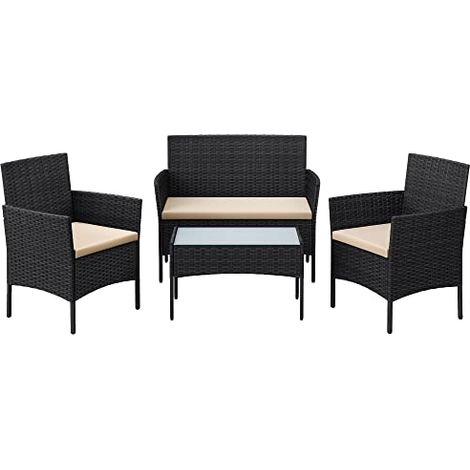 Muebles de jardín exterior conjunto de muebles con superficie tejida en PE mesa y sillas para terraza jardín balcón negro y topo 120001694