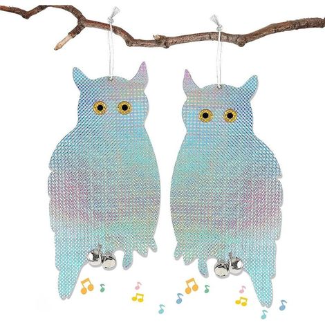 Set mit 4 reflektierenden, eulenförmigen Lichtabwehrgeräten für Vögel und 2 Taubenabwehrgeräten mit Glöckchen (1/5)