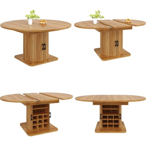 CHICFURN Mesa de comedor extensible con almacenaje 118-158x118x76 cm, mesa de cocina plegable MDF y metal, con estantes extraíbles y soporte para copas, marrón oscuro (1/5)