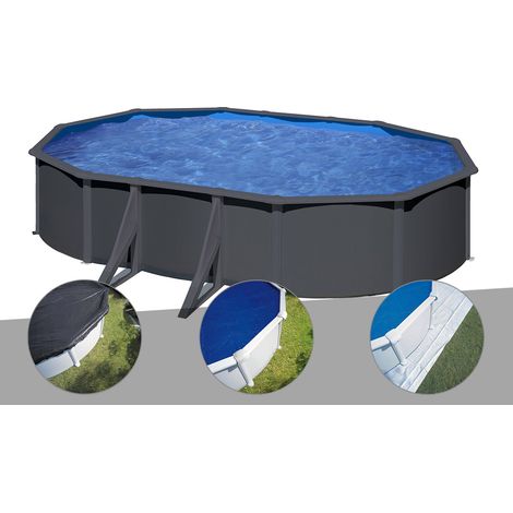 Kit piscine acier gris anthracite Gré Louko ovale 5,27 x 3,27 x 1,22 m + Bâche d'hivernage + Bâche à bulles + Tapis de sol
