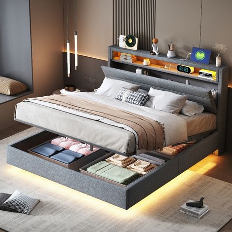 Polsterbett 140x200 cm mit Stauraum und LED-Beleuchtung, Hydraulisches Schwebendes Bett mit USB-Anschluss und Wendekopfteil, Leinen Grau (1/5)