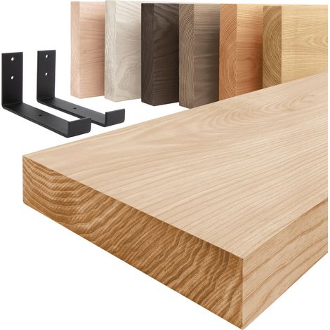 LAMO Manufaktur étagère murale en bois massif, bord régulier, étagère de rangement Industrial, bois naturel / équerre noire 70cm, LWG-01-A-002-70JS