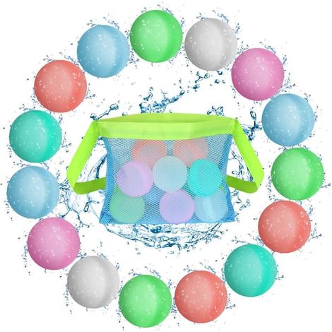 Ballons à eau réutilisables, lot de 15 ballons à eau rechargeables avec sac en filet, balles à eau en silicone pour enfants et adultes (été) (1/5)