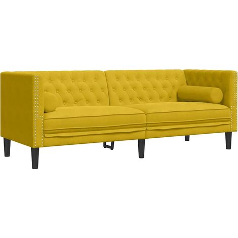 Canapé  Sofa Chesterfield avec traversins 3 places jaune velours