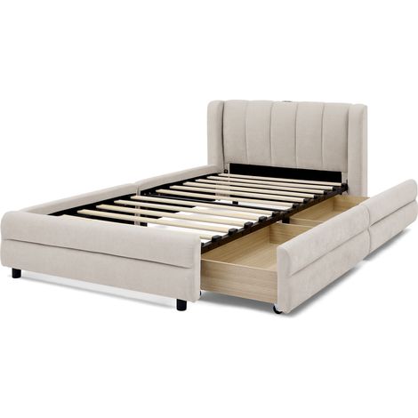 Cama individual 90 x 200 cm con almacenaje lateral, puerto USB, tela chenilla beige (1/5)