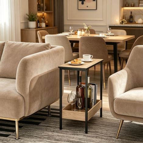 Beistelltisch mit 2 Ebenen, Holzwerkstoff und Metall, Schwarz und Hell-Eiche, OKMYHOME (1/5)