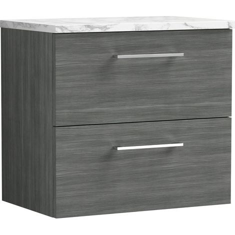 Nuie Arno Wall Hung 2-Drawer Vanity Unit with Carrera Marble Worktop 600mm Wide - Anthracite Woodgrain (1/4)