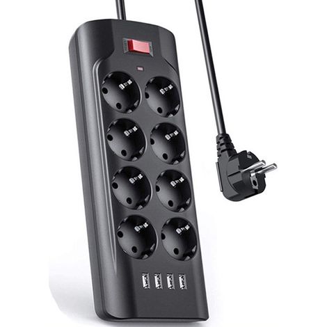 Steckdosenleiste mit 8 Steckdosen, USB-Steckdosenleiste, 2500 W/13 A, Schwarz