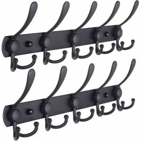 Porte-manteau mural - 5 crochets triples, robustes, acier inoxydable, rail de crochet en métal pour porte-manteau, porte-serviettes, porte-monnaie, robes d'entrée de salle de bain (noir, 2 paquets) (1/5)