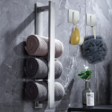 Self Adhesive Towel Rail Holder Wall Mounted, 40cm Stainless Steel Matt Stick on Bathrooms/Kitchen Accessories (Silver) (1/4)