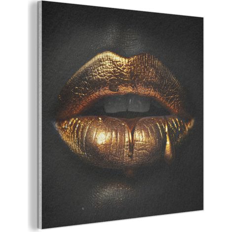 CUADRO ACÚSTICO Mujer - Retrato - Labios - Oro - Negro Cuadros Decoracion Salon Modernos 90x90 (1/5)