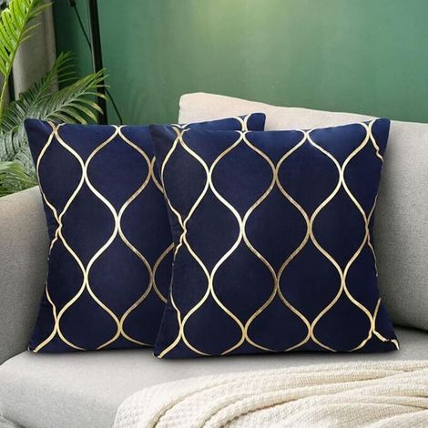 Housse de Coussin Bleu Marine Velours 45x45cm Lot de 2 Modernes Canapé Doux Or Coussin Décoration avec Fermeture Éclair Cachée pour Chaise Bureau Lit (1/4)