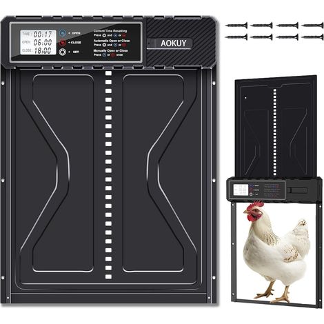 Porte automatique de poulet Coop avec minuteur LCD - Auto alimenté par batterie, porte maison en aluminium à l'épreuve des prédateurs, résistante aux intempéries, facile installer Noir+batterie (1/5)
