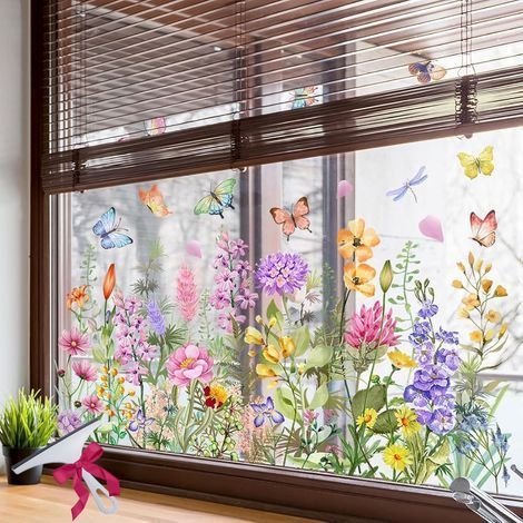 Colorful Floral Bouquet Window Sticker,Floral Pattern Window Sticker Removable Static Cling,Reusable Double Sided Window Clings,Flower Window Clings for Glass Windows,for Home Office Decor (1/5)