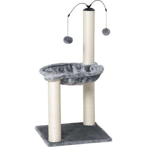 Arbre à chat PawHut avec 2 poteaux à griffer, hamac en sisal naturel, structure de jeu, 2 balles suspendues, peluche courte haute densité (400 g/m²), gris (1/5)