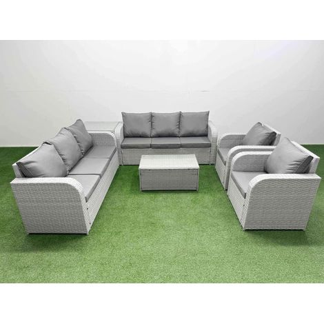 Fimous PE Rattan High Back Lounge Sofa Set Patio Coffee Table & Chairs Set with 3 Seater Sofa Reclining Chair Side Table Light Grey (1/4)