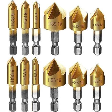 fraise à chanfreiner metal Fiyuer 12 Pcs queue hexagonale poinçon de centrage automatique forets à chanfreiner pour phanfreiner Évier à Fraise Conique 6mm 8mm 9mm 12mm 16mm 19mm (1/4)