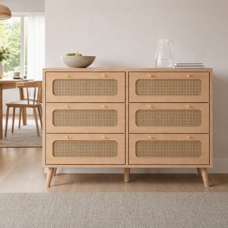 Commode 100 cm, 6 tiroirs, meuble de rangement avec rotin, pour chambre salon, style boheme scandinave, 100x34x73 cm, Naturel (1/5)