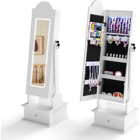Miroir 2 en 1 pour enfant avec éclairage, miroir sur pied, 3 couleurs, 4 lumières LED et tiroir, armoire à bijoux inclinable pour chambre d'enfant (blanc) (1/5)