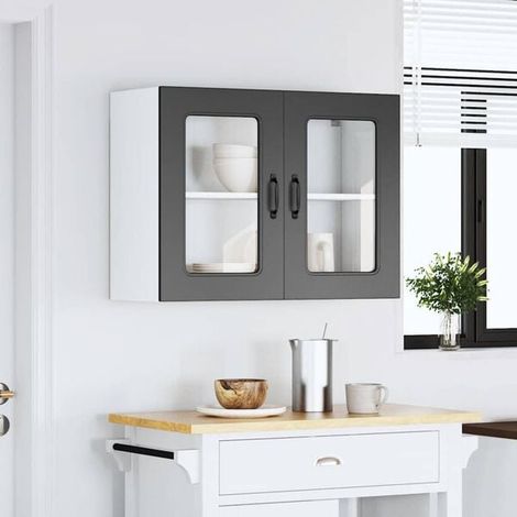 Meuble de Cuisine Suspendu avec Porte en Verre Noir, Placard Mural de Rangement pour Vaisselle et Décoration, Design Moderne et Élégant (1/5)