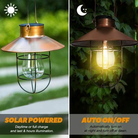VURAHOME - Große bronzefarbene S-Scheiben-Solar-Gartenleuchte mit Haken, Retro-Kronleuchter aus Schmiedeeisen (1/4)