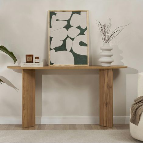 Pier Import – Console de salon ovale effet chêne – pieds en V – MDF mélaminé résistant aux rayures – Dimensions 150x35x75 cm (1/5)