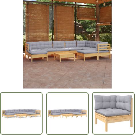 The Living Store 10-tlg. Garten-Lounge-Set mit Grauen Kissen Kiefer Massivholz - Gartenzubehör - Lounge Set - Gartenmöbel - Esszimmergarnitur - Outdoor Möbel (1/5)