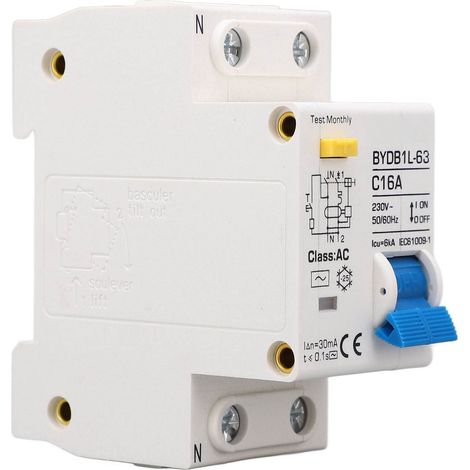 Disjoncteur 1P + N AC 230V 16A, courant résiduel, interrupteur de Protection contre les fuites à la terre, montage sur Rail DIN (1/5)
