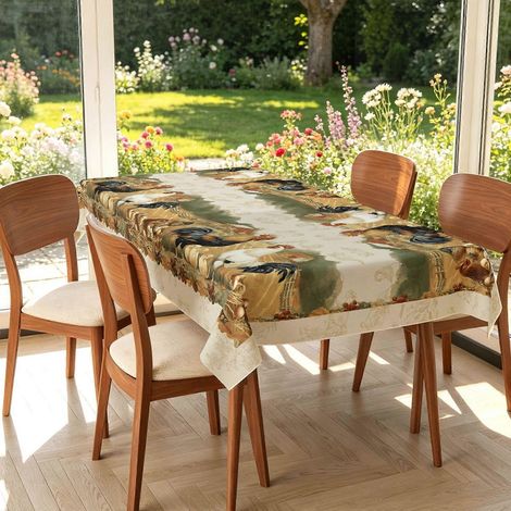 Nappe rectangulaire imprimée à bordure beige et motifs de coqs multiples, décoration champêtre pour la fête des récoltes, nappe facile à nettoyer pour la cuisine et les repas. (1/4)