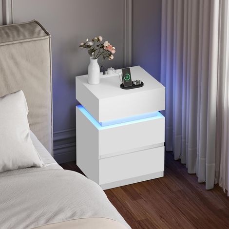 Woltu – Table de chevet blanc avec 2 tiroirs – Station de charge intégrée – 2 prises et 2 ports USB – Panneaux de particules E1 – Dimensions 40x35x55 cm