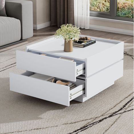 Couchtisch 60 x 60 x 38 cm, 360° drehbar, mit 2 Schubladen und Stauraum, weiß HAVRYA (1/5)