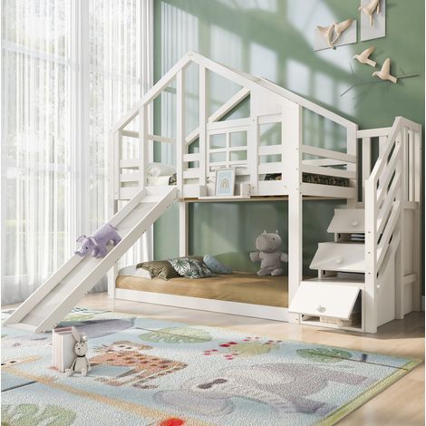 Lit cabane 90x200 cm bois et MDF blanc avec toboggan, gain de place, sans matelas – MEUBLIV (1/5)