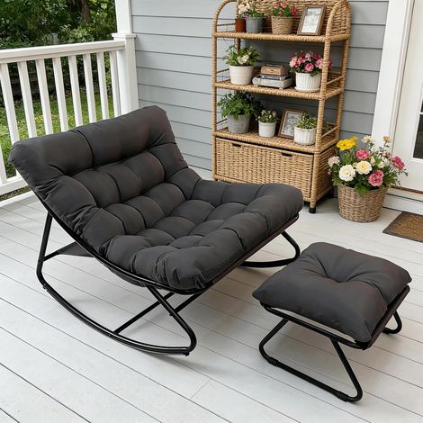 Fauteuil à bascule d'extérieur avec coussin épais with Ottoman, confortable et gris, structure noire, idéal pour salon, chambre et coin lecture