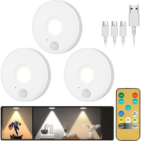 Nachtlichter mit Bewegungsmelder, 3er-Set wiederaufladbare LED-Nachtlichter mit 3 Beleuchtungsmodi, Innenbeleuchtung mit Bewegungsmelder, Fernbedienung, für Kleiderschränke, Treppenhäuser, Abstellräum (1/5)